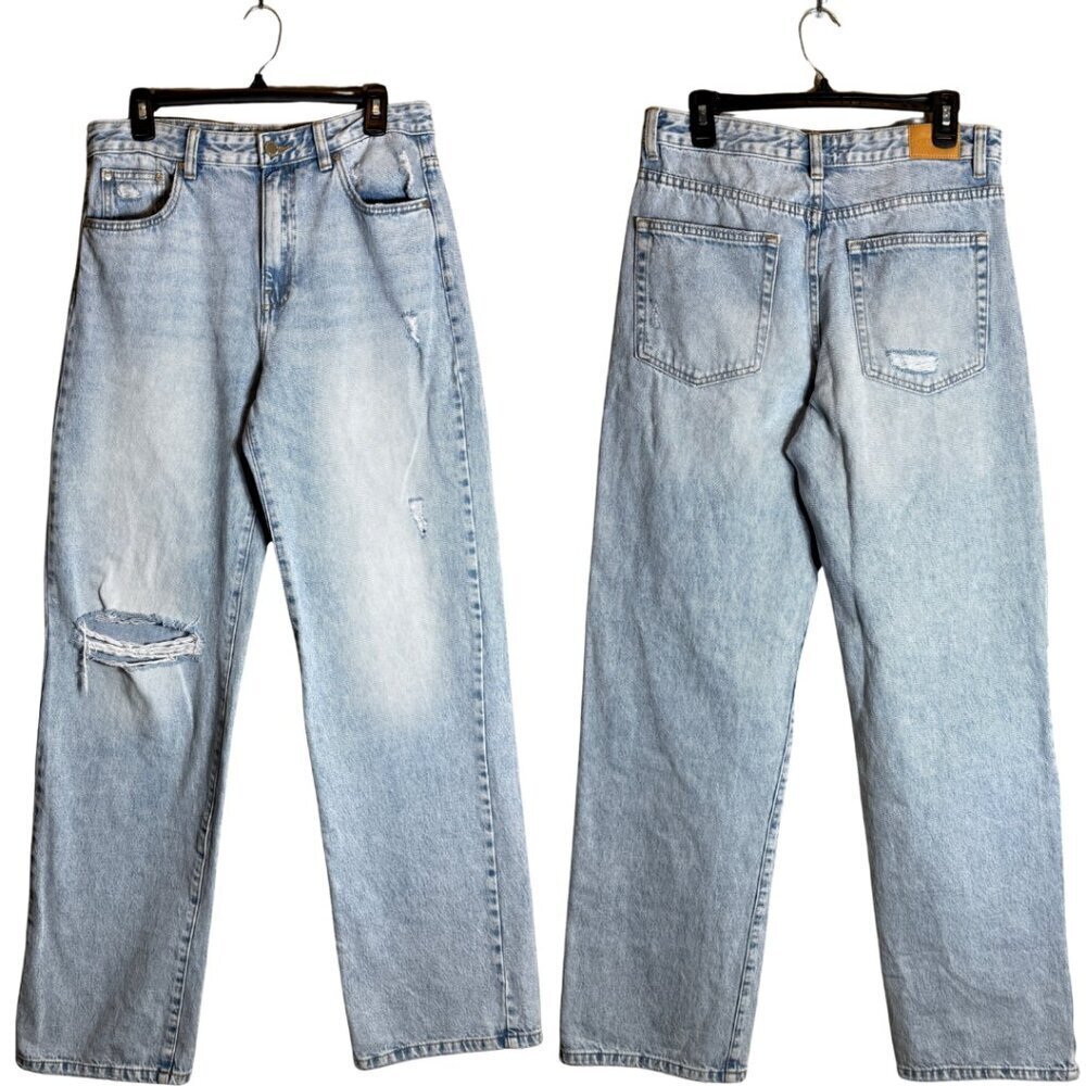 Pull&Bear High Rise Wide Leg Denim Jeans Women's 6 Light Wash Distressed Rigid